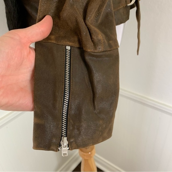 Sachin + Babi Leather Rabbit Fur Silk Jacket Brown Asymmetrical Zip - Picture 11 of 15